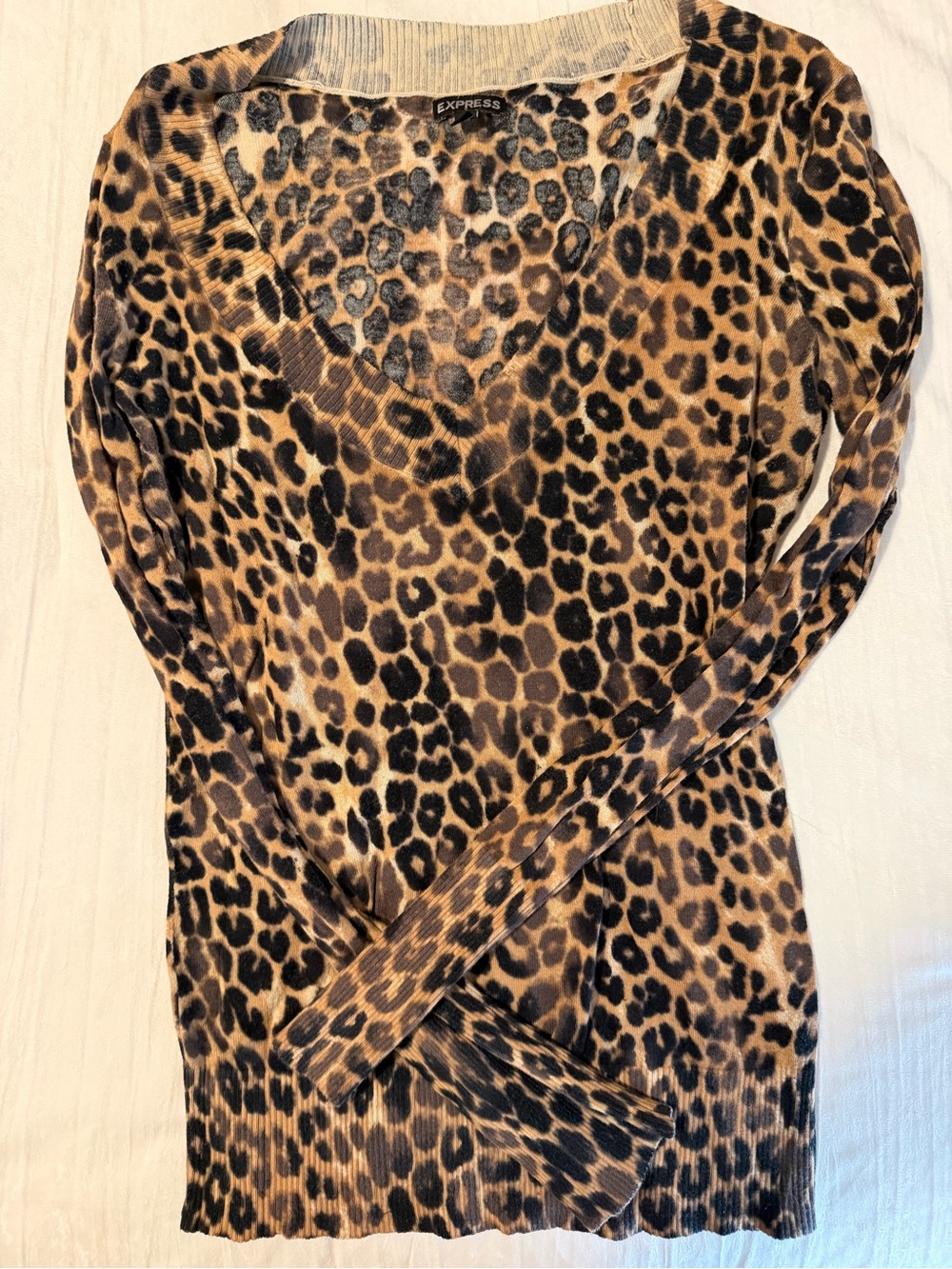 Express Leopard Print V-Neck Long Sleeve Top - Brown Black